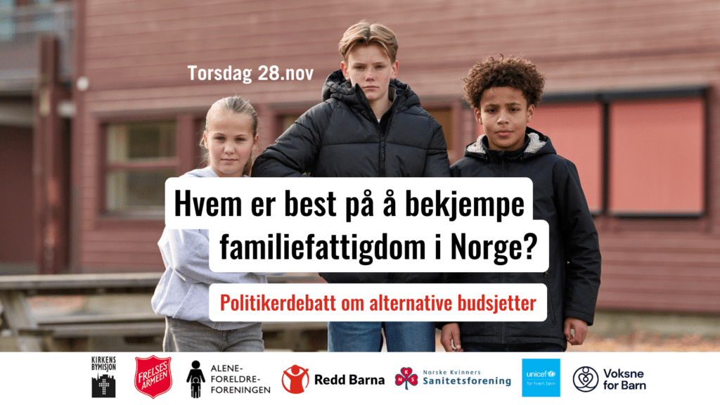 Tre ungdommer, en jente og to gutter ser rett fram i kamera. På banneret står det: Hvem er best på å bekjempe familiefattigdom i Norge?