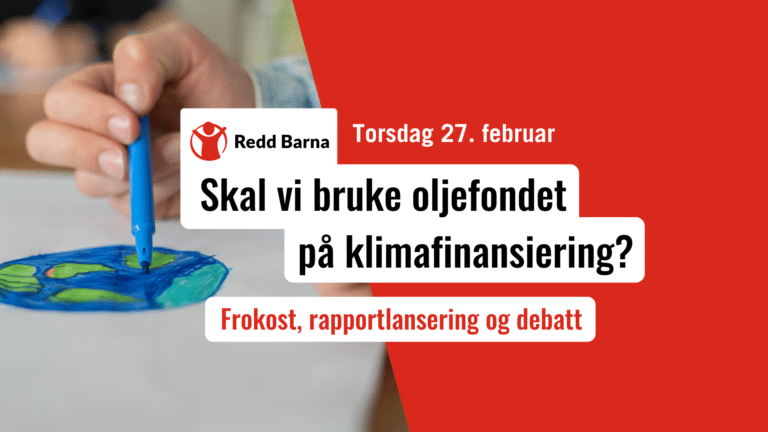 Rødt banner med illustrasjonsfoto av en barnehånd som tegner en jordklode.