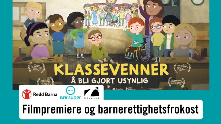 Illustrasjon fra animasjonsserien Klassevenner der man ser ulike barn i en klasse ved tavla.