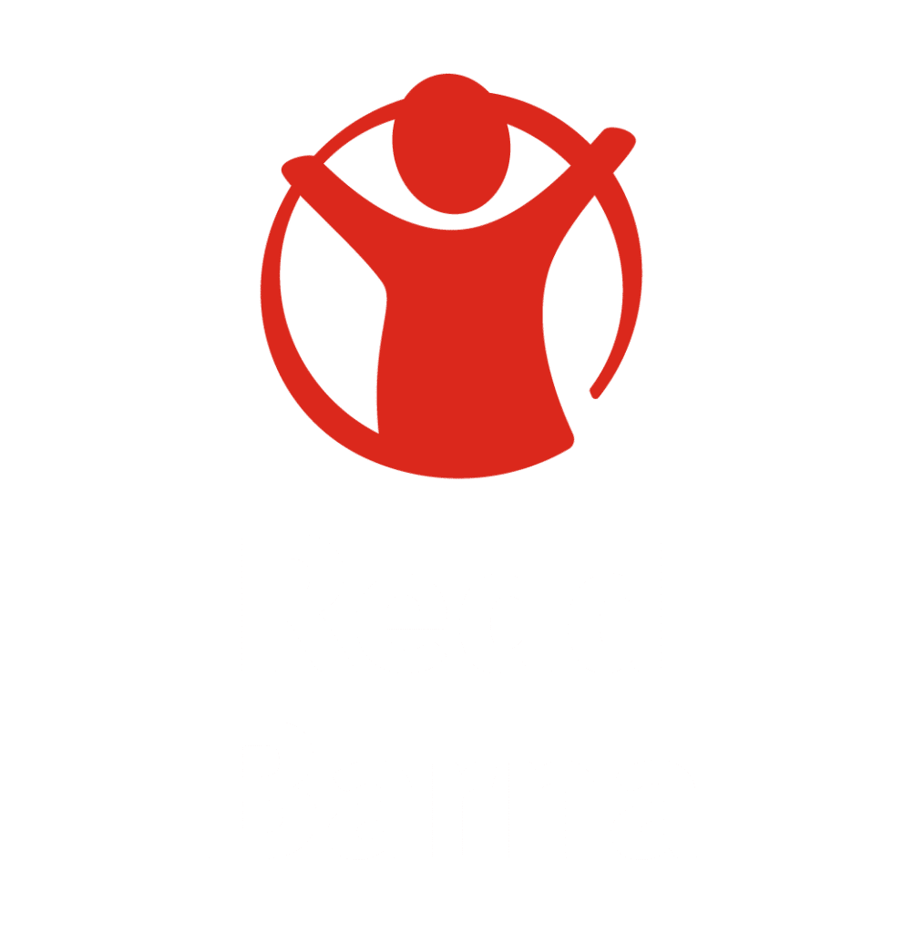 Redd Barna – vertikal logo rød og hvit RGB