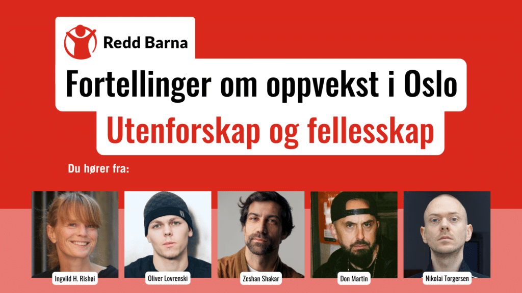 Rødt banner med bilde av Ingvild H.Rishøi, Oliver Lovrenski, Zeshan Shakar, Don Martin og Nikolai Torgersen.